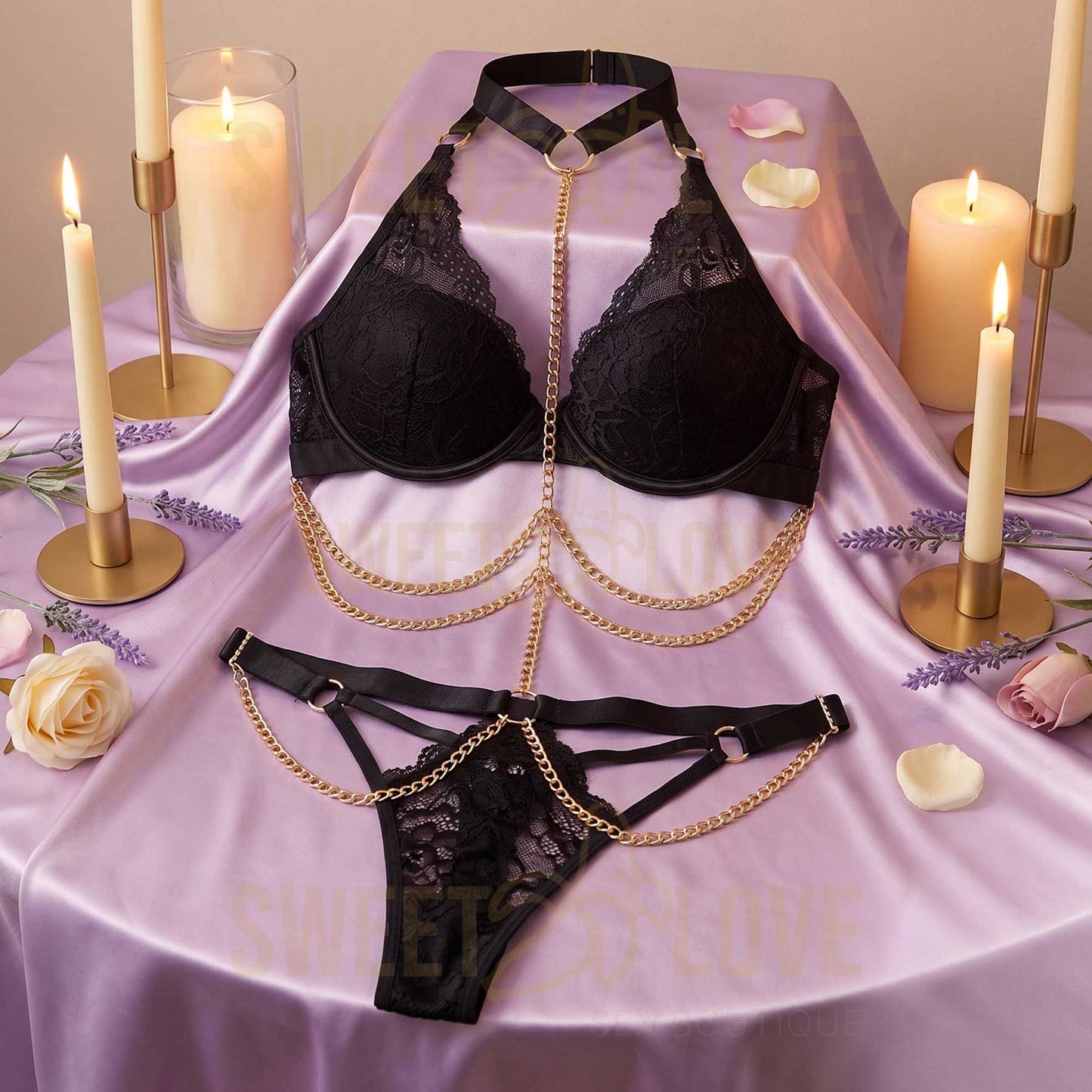 Conjunto de Lencería Negra Sexy con Cadenas Decorativas
