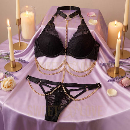 Conjunto de Lencería Negra Sexy con Cadenas Decorativas