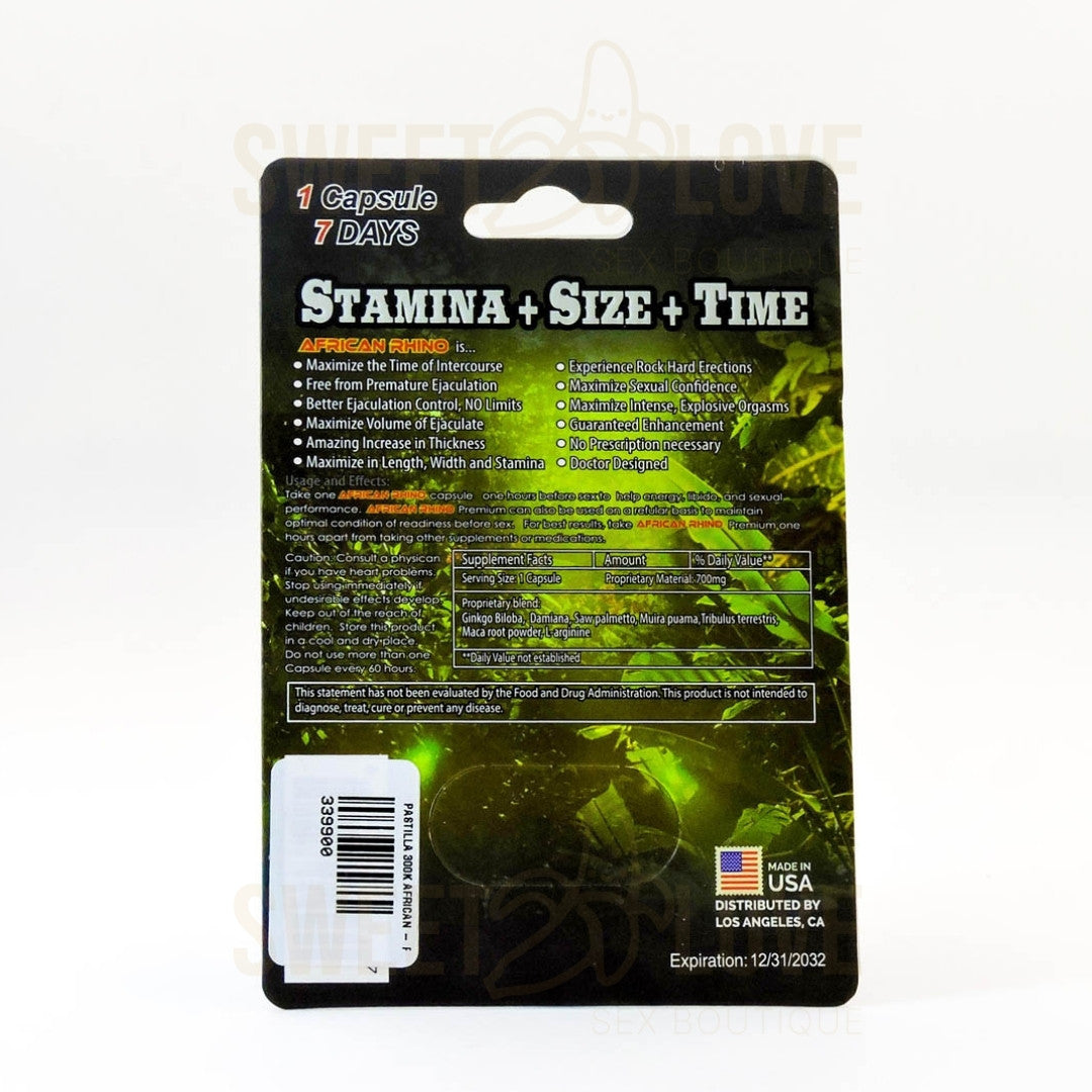 Cápsula African Rhino 300K Super Long Lasting. Suplemento Masculino