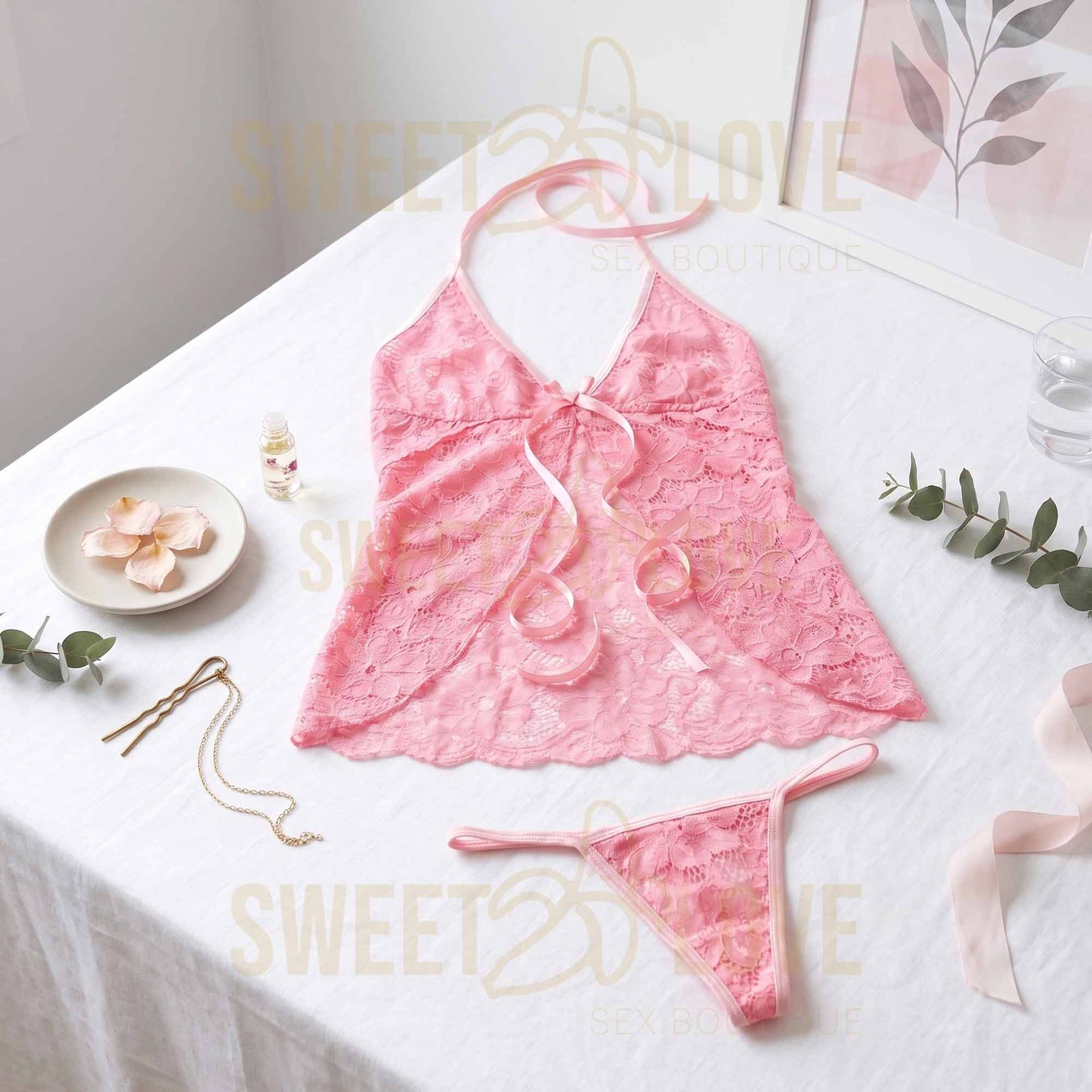 Babydoll Romántico de Encaje con Tanga Clariss