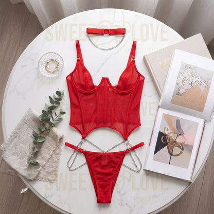Conjunto Body Corsé Sexy Rojo Pasión